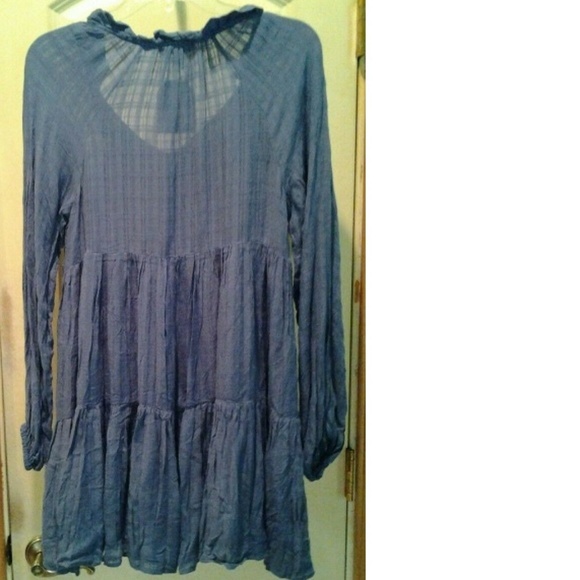 Boho Gauze Dress Blue Tiered Lined - Picture 2 of 4